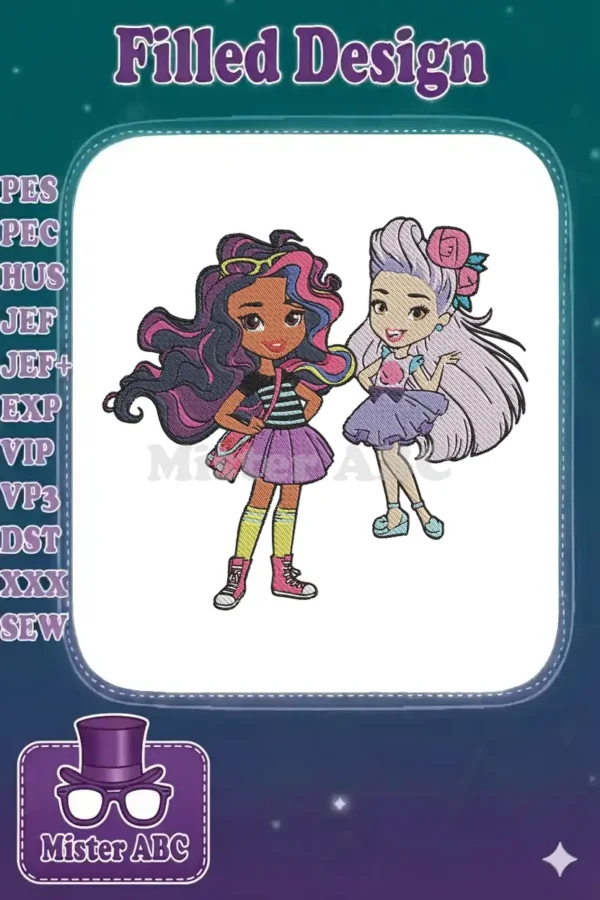 Two animated girls, Sunny and Rox from Sunny Day, in a vibrant, detailed embroidery design.