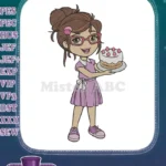 Happy cartoon girl holding delicious strawberry cake embroidery designs - Instant Download