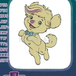 A vibrant embroidery design featuring a cheerful, light brown puppy with green eyes and a blue polka-dot bow.