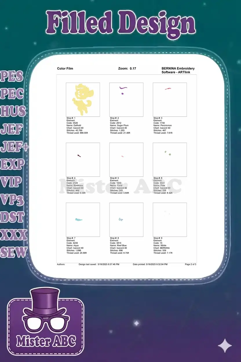An embroidery color film page displaying the first nine color stops and their respective stitch details.