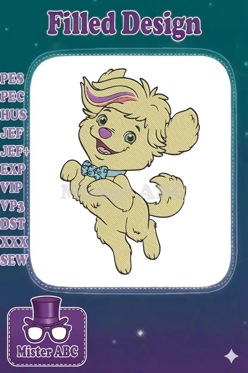 A vibrant embroidery design featuring a cheerful, light brown puppy with green eyes and a blue polka-dot bow.
