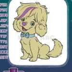 Adorable fluffy puppy with colorful hair and bow tie embroidery designs - Instant Download