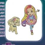 Cheerful cartoon girl with colorful hair and cute dog embroidery designs - Instant Download