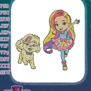 Full-color embroidery design of Sunny Day and Doodle, vibrant and cheerful, ready to be stitched on children's items.