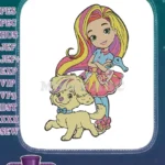 Sweet cartoon girl with rainbow hair and a puppy embroidery designs - Instant Download