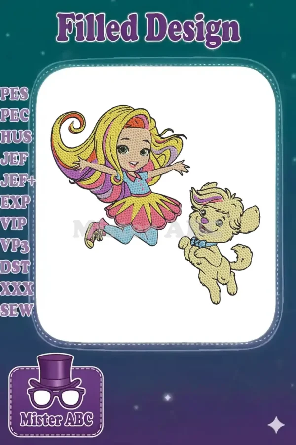 Vibrant embroidery design featuring Sunny Day with her arms open wide, jumping alongside her happy dog, Doodle.