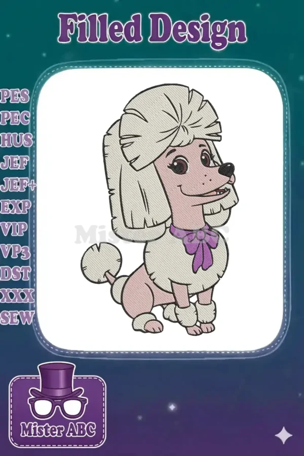 Front view of a cheerful pink poodle embroidery design, featuring fluffy white fur, a big head bow, and a purple neck bow.