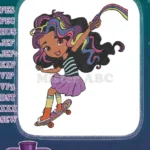 Vibrant girl skateboarding with rainbow paint stream embroidery designs - Instant Download