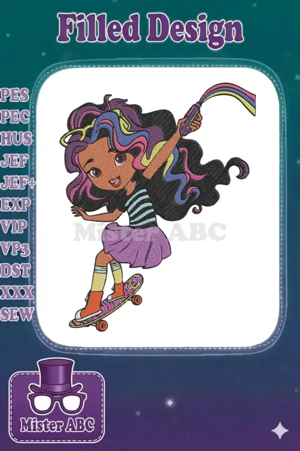 Dynamic embroidery of a cheerful girl with multi-colored hair on a skateboard, painting a vibrant rainbow trail.