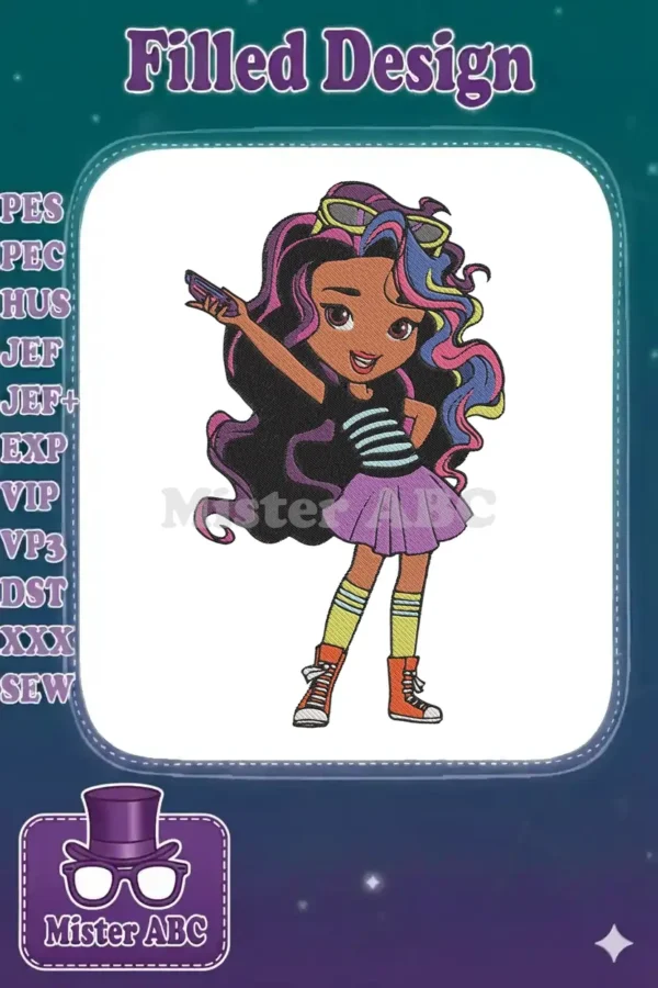 Full shot of a cheerful cartoon girl embroidery design with multi-colored hair, sunglasses, and a phone, on white background.