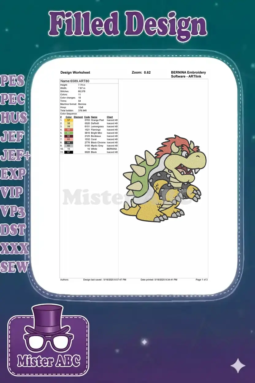A comprehensive embroidery design worksheet detailing Bowser's dimensions, stitch count, color palette, and machine format.