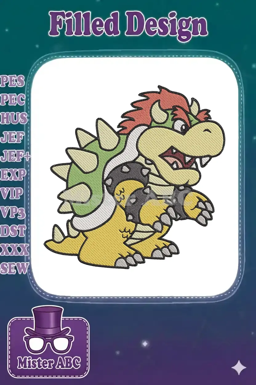 A detailed, vibrant embroidery design of Bowser from Super Mario, featuring his iconic spiky shell and menacing grin.
