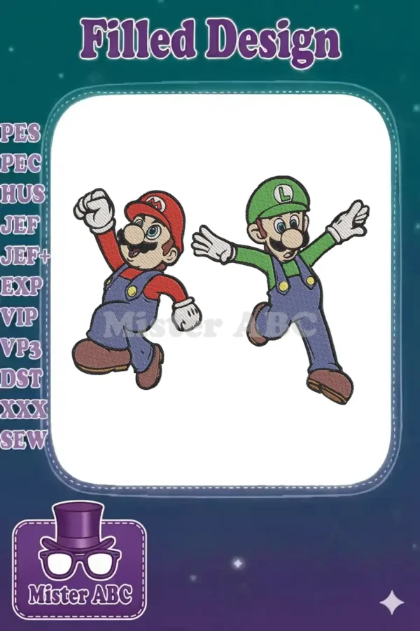Vibrant embroidery design of Mario and Luigi running, showcasing their iconic red and green outfits with detailed stitching.