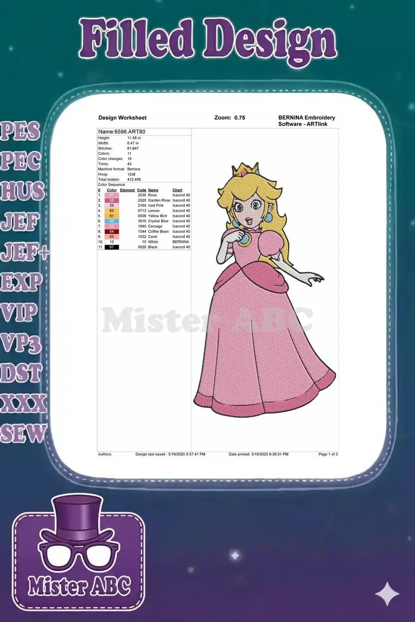 Embroidery design worksheet for Princess Peach, detailing dimensions, stitch count, colors, and machine format.