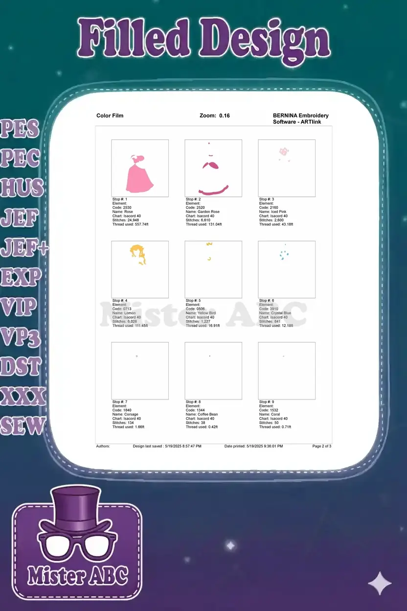 First page of the Princess Peach embroidery color film, showing the initial five color stops and their stitch details.