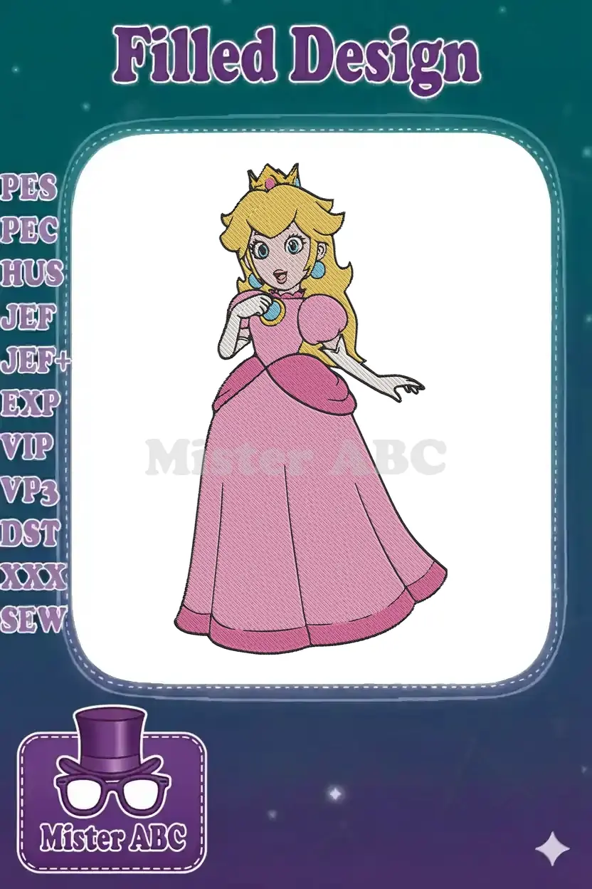 Vibrant embroidery design of Princess Peach from Super Mario, featuring her classic pink gown and golden crown.