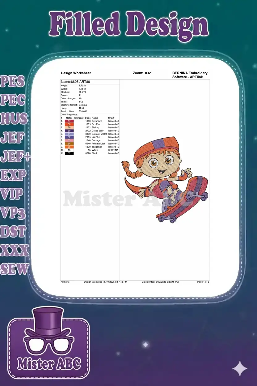 Embroidery design worksheet for Super Why skateboarding, showing stitch count, dimensions, and thread colors.