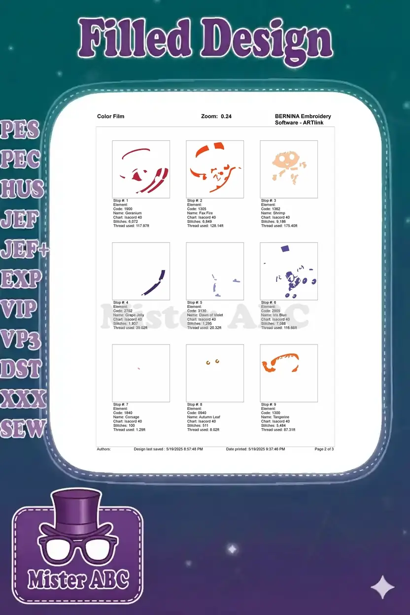 Color film breakdown for Super Why embroidery, showing the first nine color stitch sequences and details.
