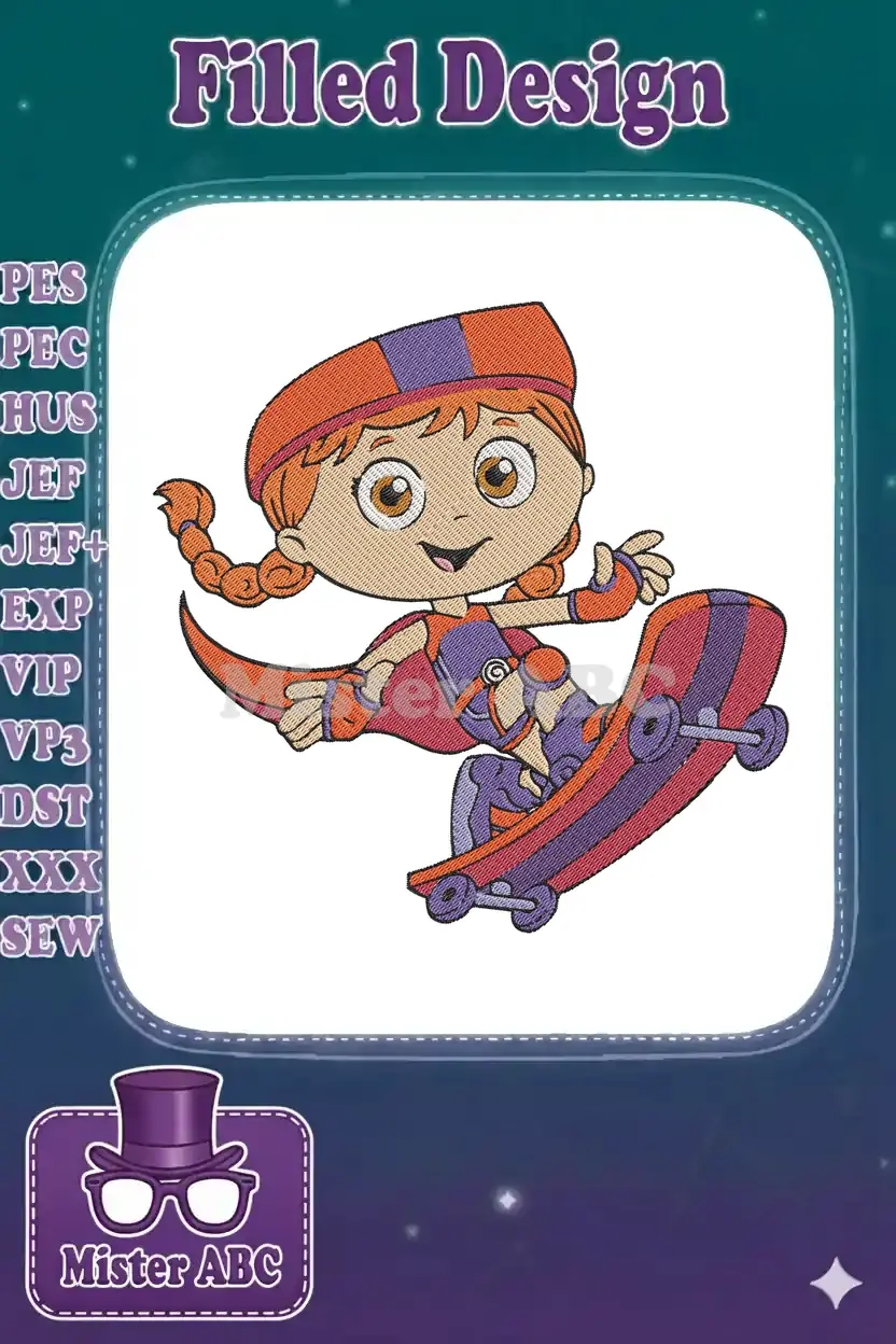 Super Why embroidery design, featuring the character Whyatt Beanstalk in his superhero costume, skateboarding dynamically.