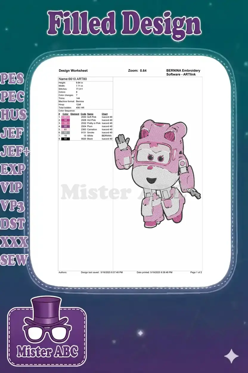 Embroidery design worksheet for the pink Super Wings character, detailing dimensions, stitch count, and color sequence.