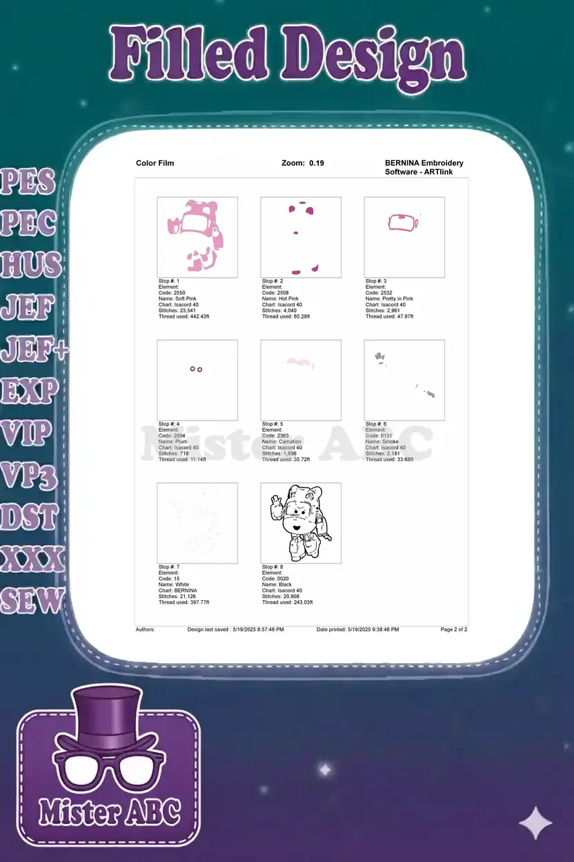 Detailed color film breakdown of the pink Super Wings character embroidery, showing each stitch stop and color layer.