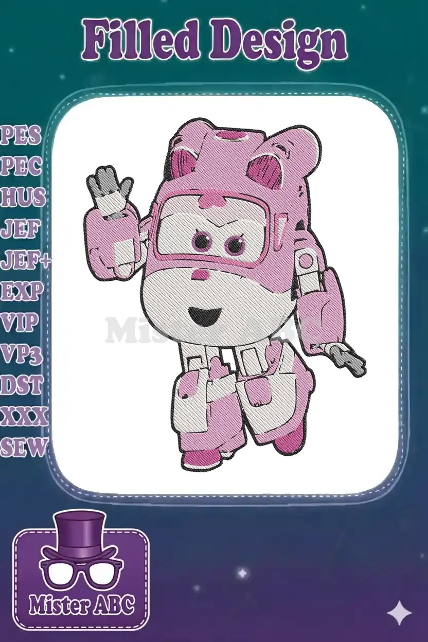 A delightful pink Super Wings character embroidery, featuring a friendly wave and vibrant fill stitch details.