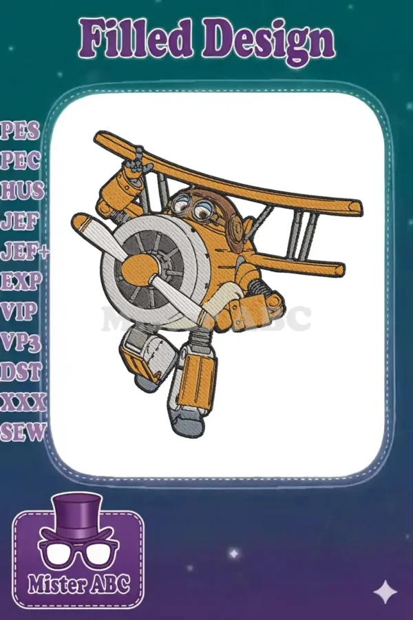 Embroidery design of a vibrant, adventurous robotic plane character with propeller and pilot goggles.