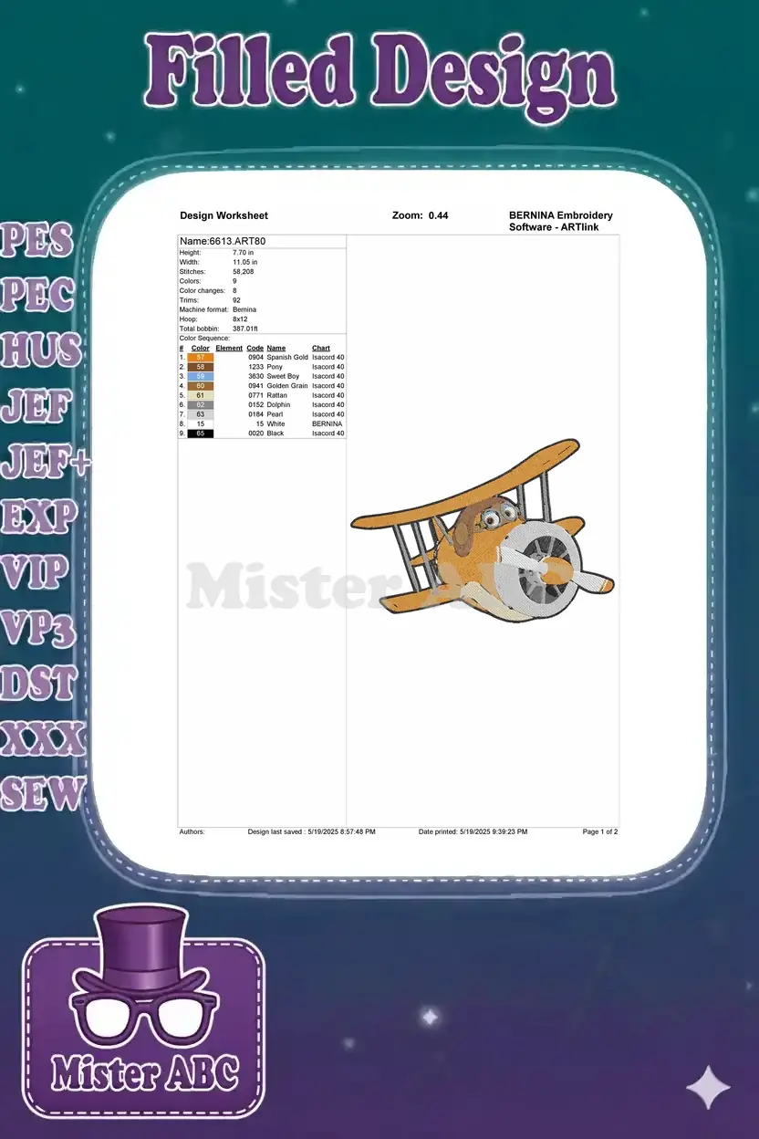 An embroidery design worksheet displaying technical specifications, color chart, and a small preview of the dog pilot biplane.