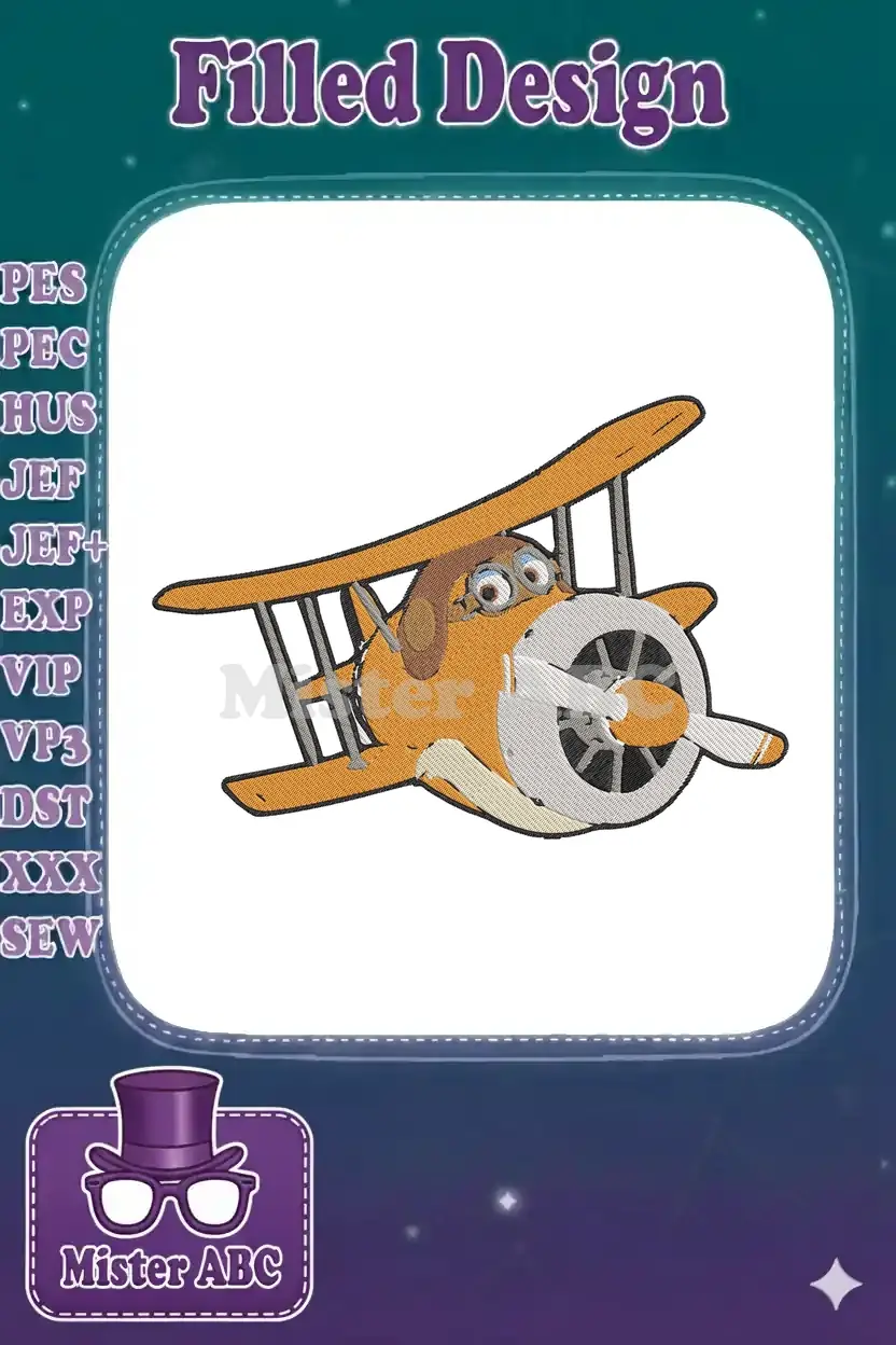 A vibrant embroidery design featuring a cute cartoon dog wearing goggles, piloting an orange biplane in flight.
