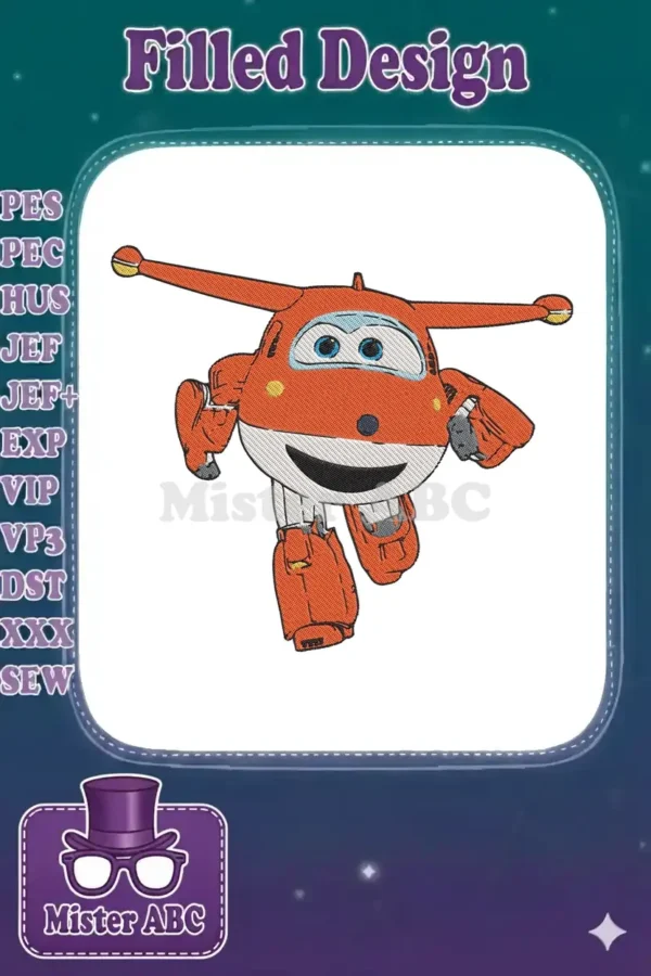 Dynamic embroidery of Jett from Super Wings, featuring his iconic red and white colors, ready for adventure.