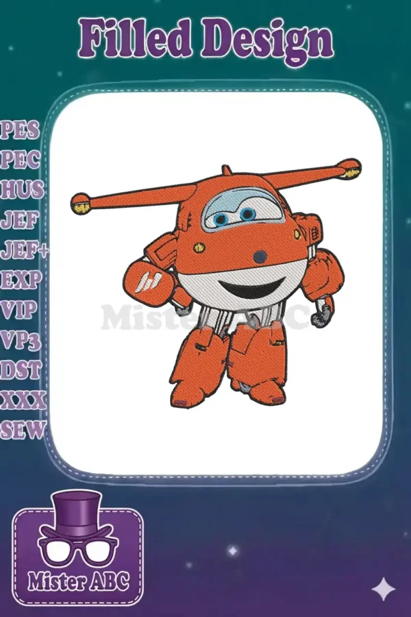 A detailed embroidery design of Jett from Super Wings, featuring vibrant red, white, blue, and black colors.
