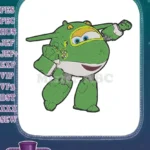 Dynamic Green Cartoon Plane Robot Character Embroidery Designs - Instant Download