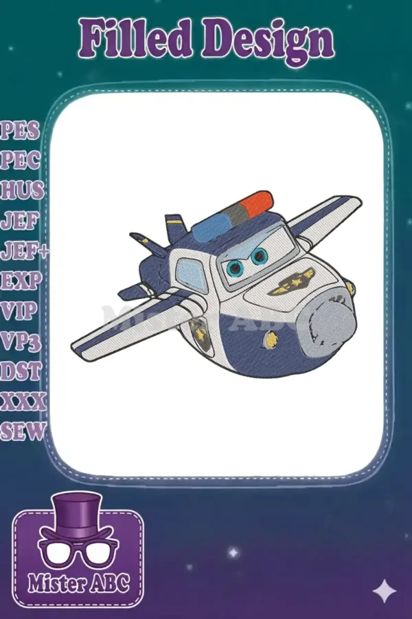 Detailed embroidery design of a friendly, blue and white police airplane with red and blue sirens, ready for action.