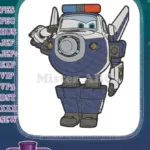 Cute blue police robot car saluting embroidery designs for kids - Instant Download