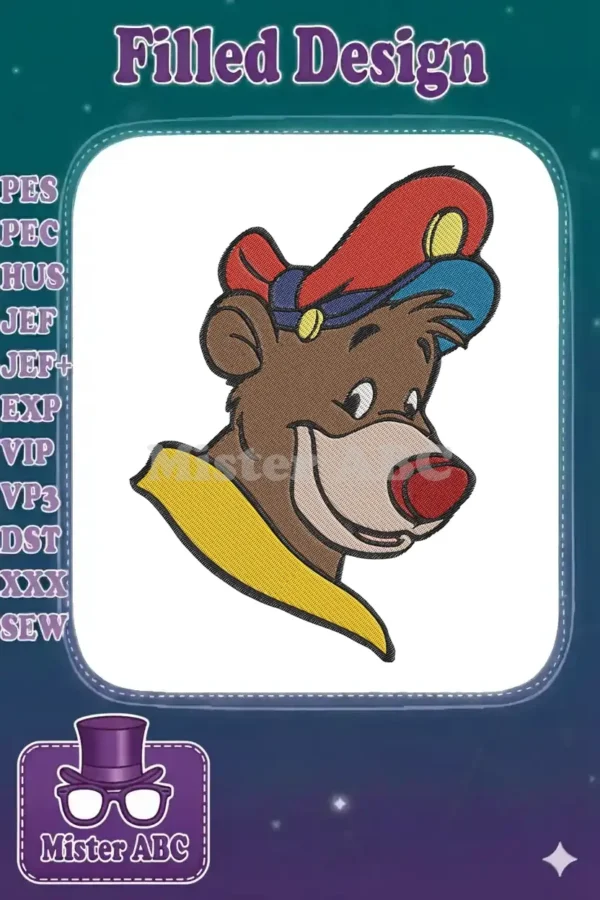 Close-up embroidery design of Baloo's head, smiling, wearing a red and blue pilot's cap with yellow trim.