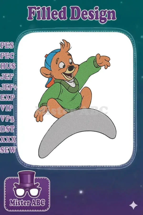 Full-view embroidery design of Max Goof, Disney character, wearing a green shirt and baseball cap, sitting on a grey curve.