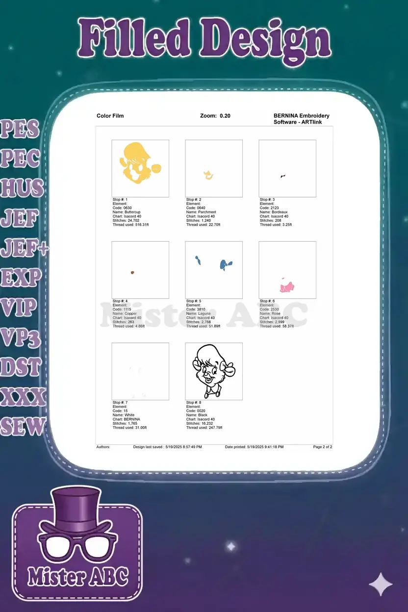 Color film breakdown for the Baby Hugs Bear embroidery, illustrating each individual thread color sequence and stitch layers.