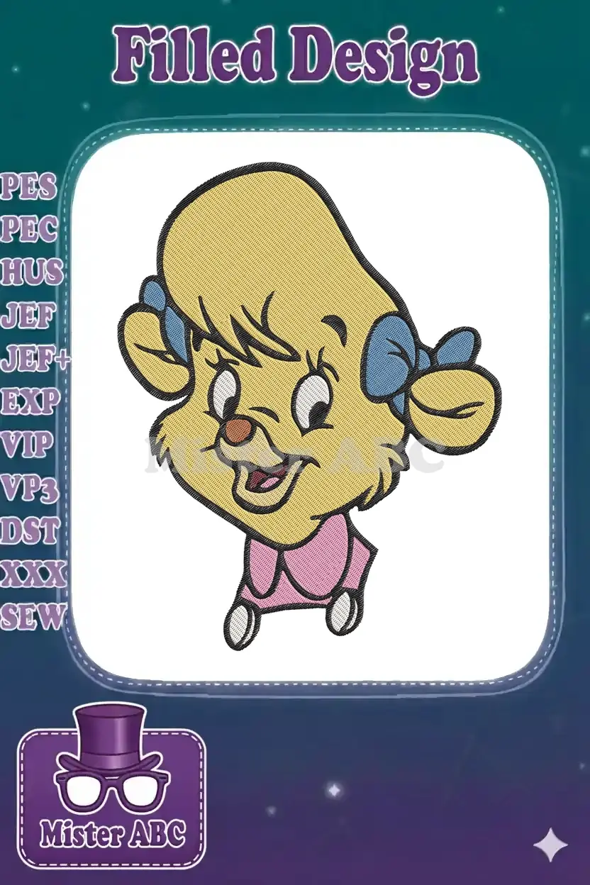 A vibrant embroidery design featuring Baby Hugs Bear, a cheerful yellow bear cub with blue bows and a pink top.