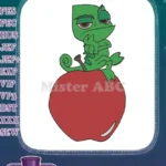 Grumpy green chameleon sitting on red apple embroidery designs - Instant Download