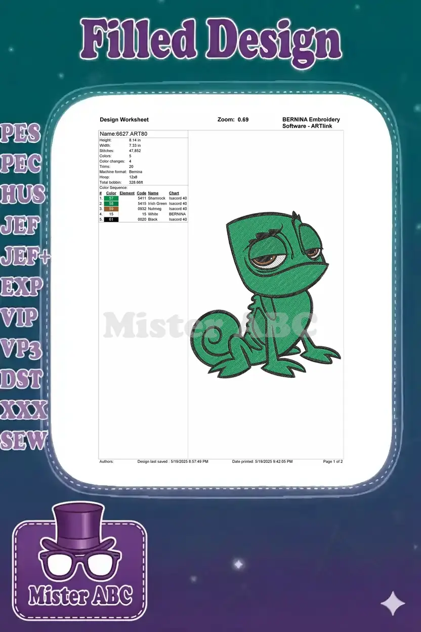 A design worksheet for the Pascal chameleon embroidery, detailing dimensions, stitch count, colors, and thread types.