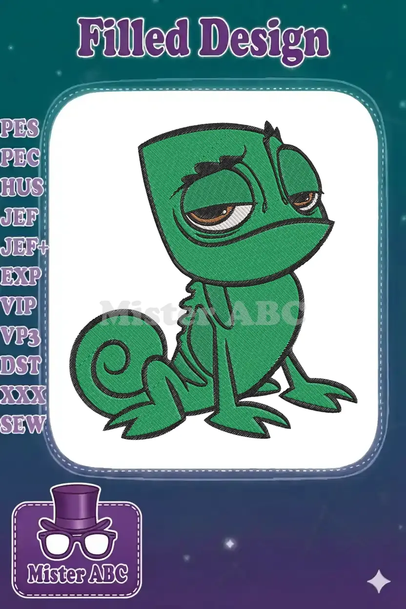 A detailed embroidery design of a sleepy-looking green chameleon, Pascal, from Disney's Tangled, with dark outlines.