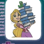 Happy Rapunzel with Pascal and stack of books embroidery designs - Instant Download
