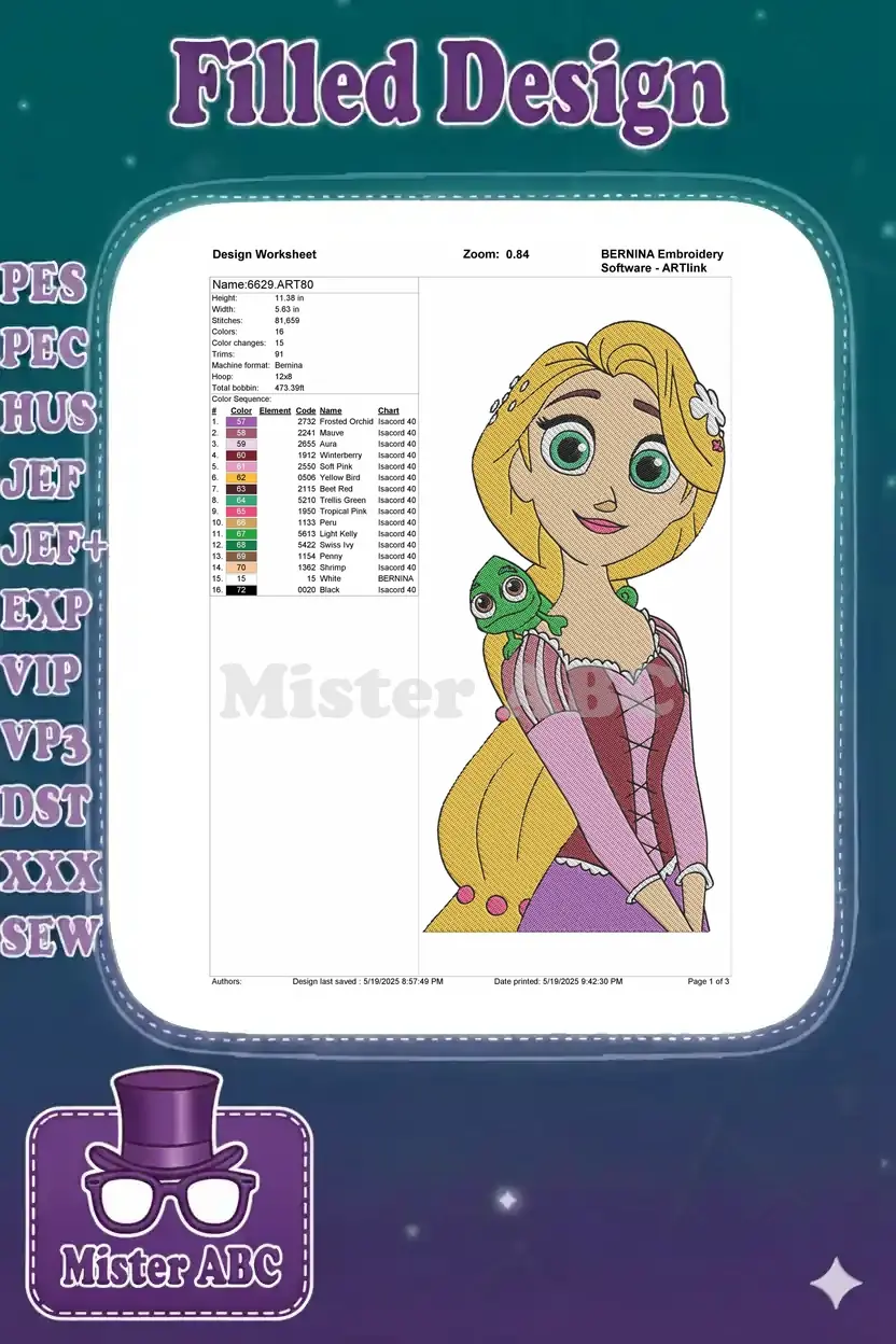 Embroidery design worksheet for Rapunzel and Pascal, detailing size, stitch count, colors, and thread sequence.