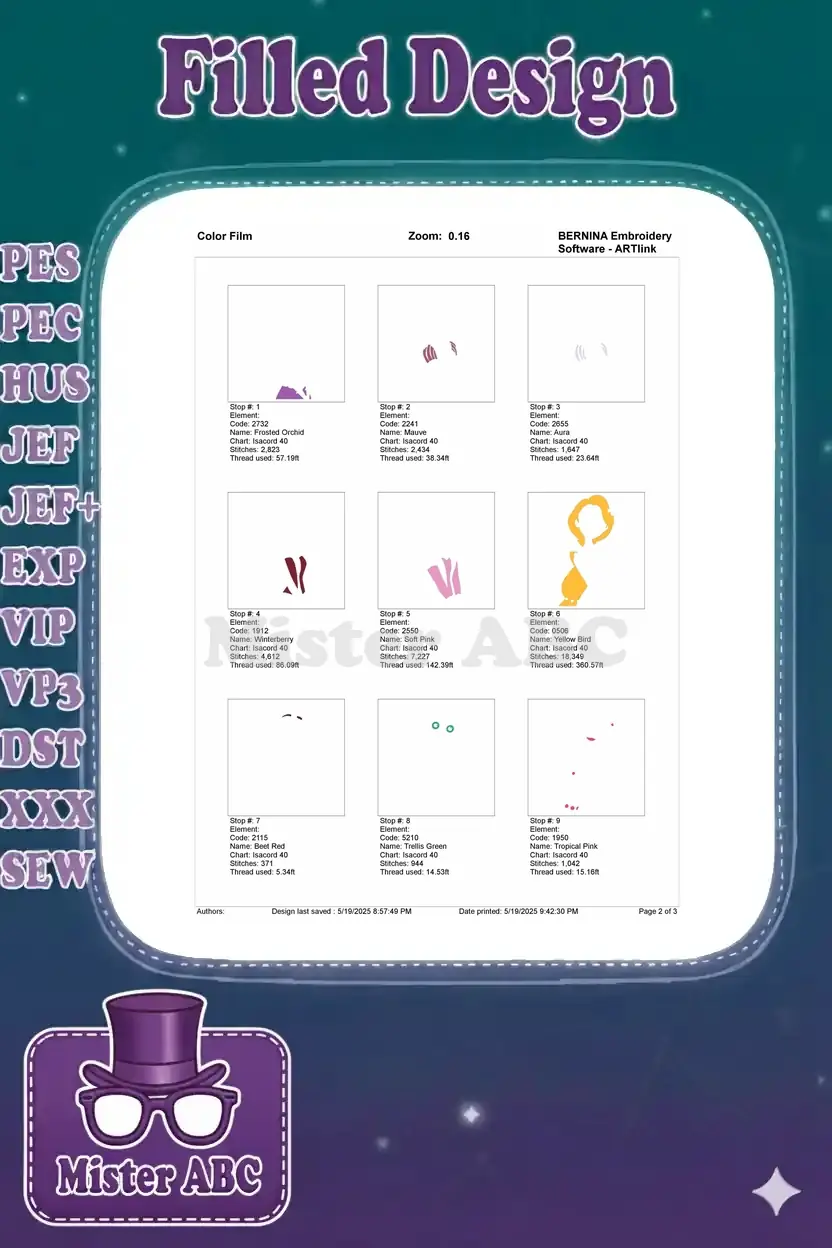 First page of the embroidery color film, showing individual color elements and thread usage for Rapunzel design.