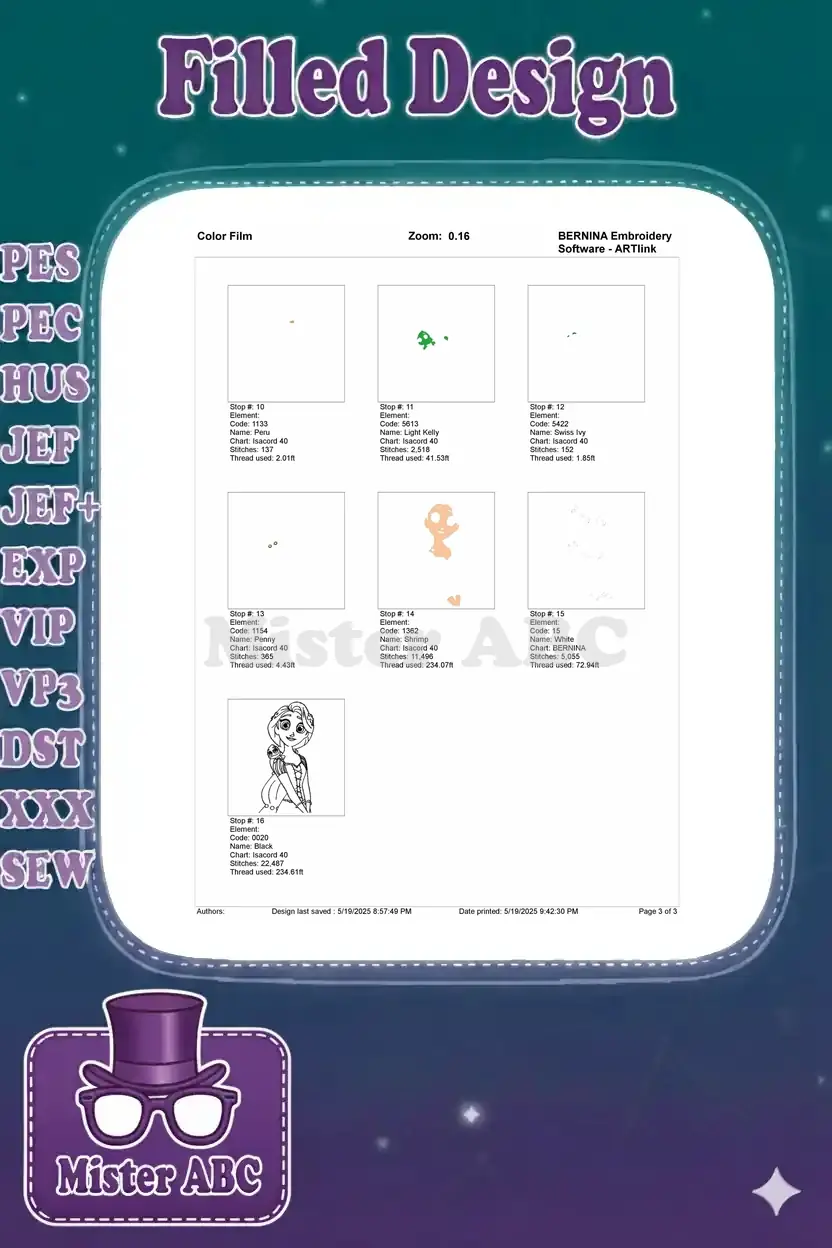 Second page of the embroidery color film, showing remaining color elements and thread usage for Rapunzel design.