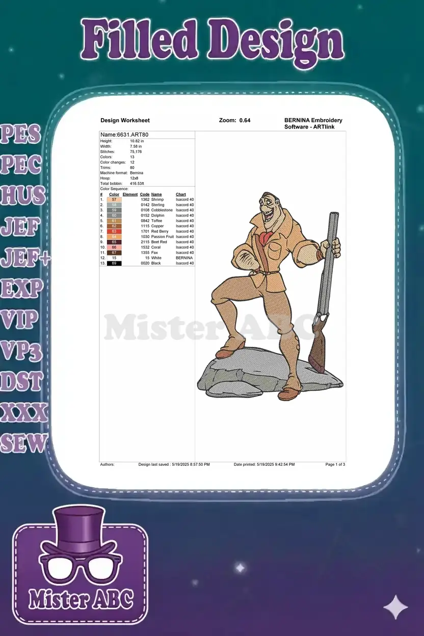 Embroidery design worksheet for Clayton, detailing dimensions, stitch count, colors, and thread codes.