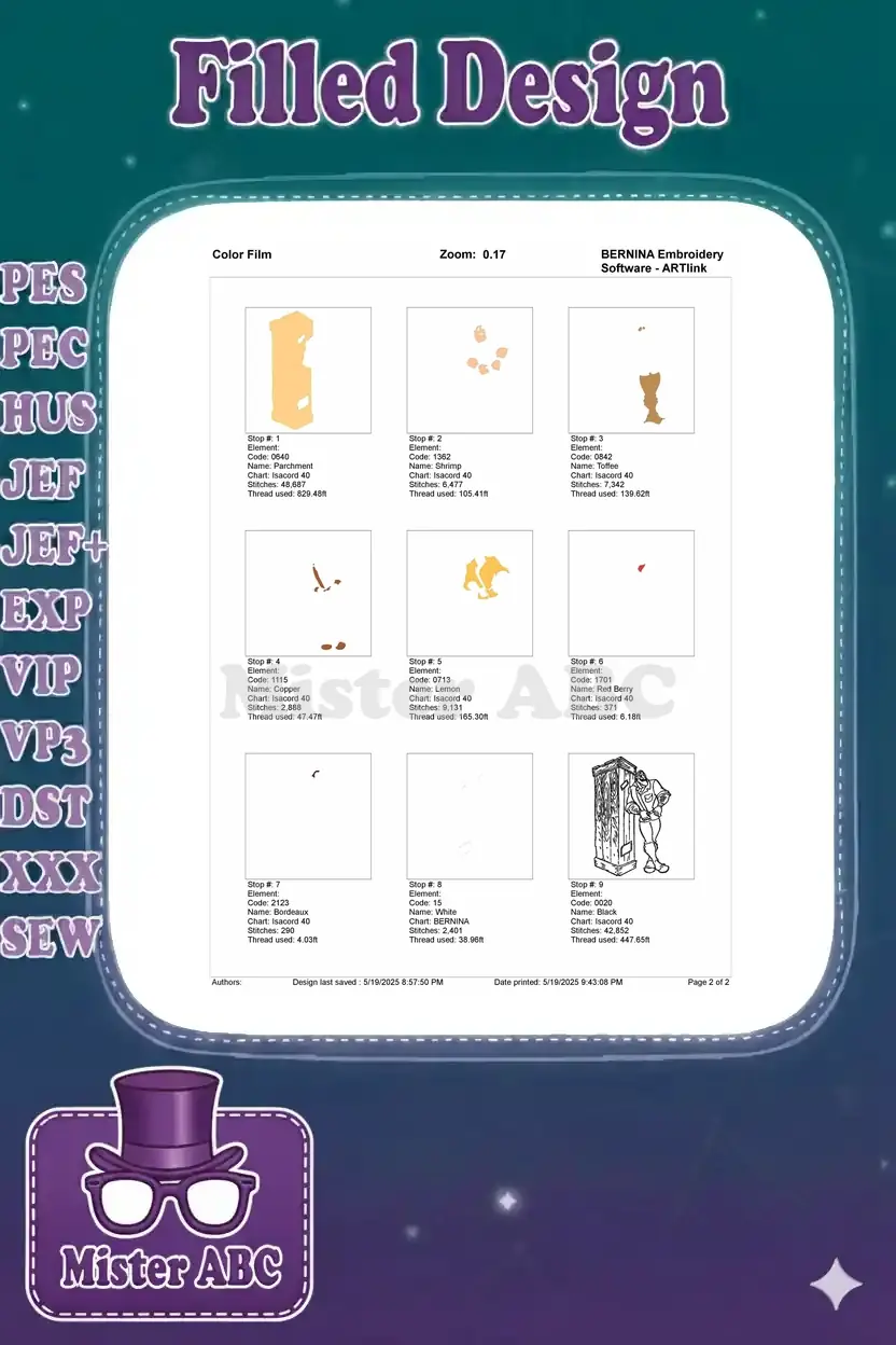 Color film breakdown showing the sequence of stitches and individual color elements for the adventurer embroidery design.