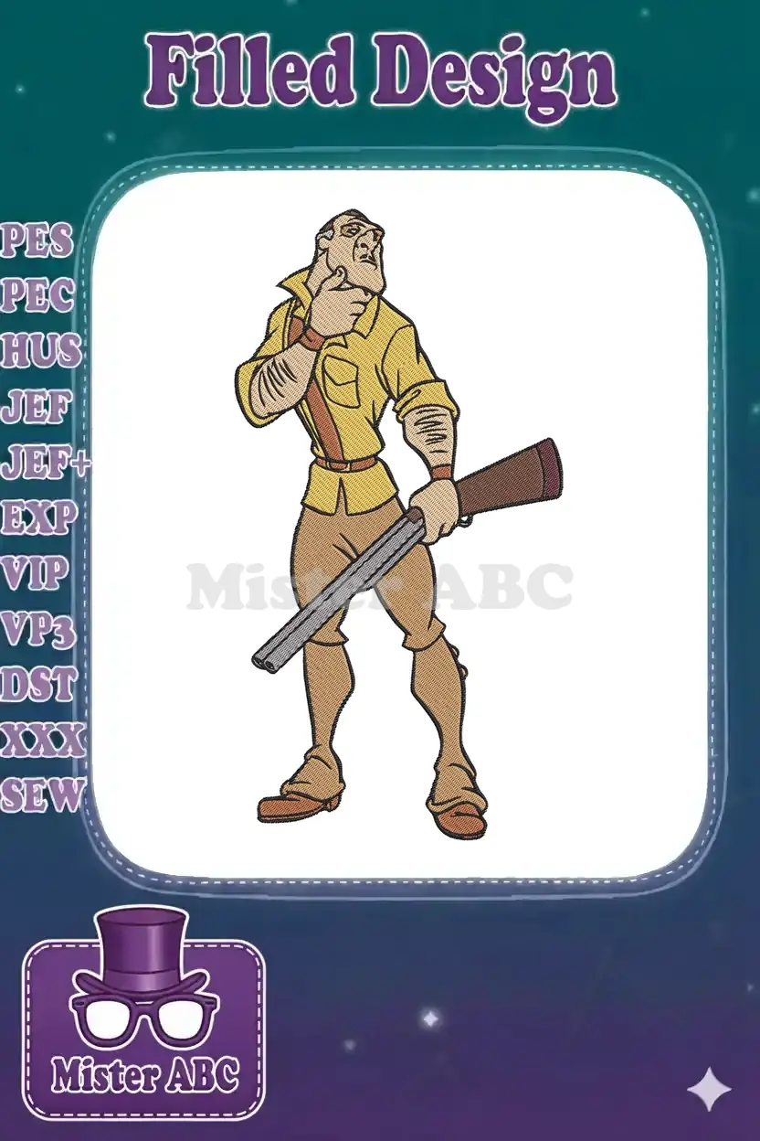 Detailed embroidery of Clayton from Disney's Tarzan, holding a rifle, poised in a thoughtful, determined stance.