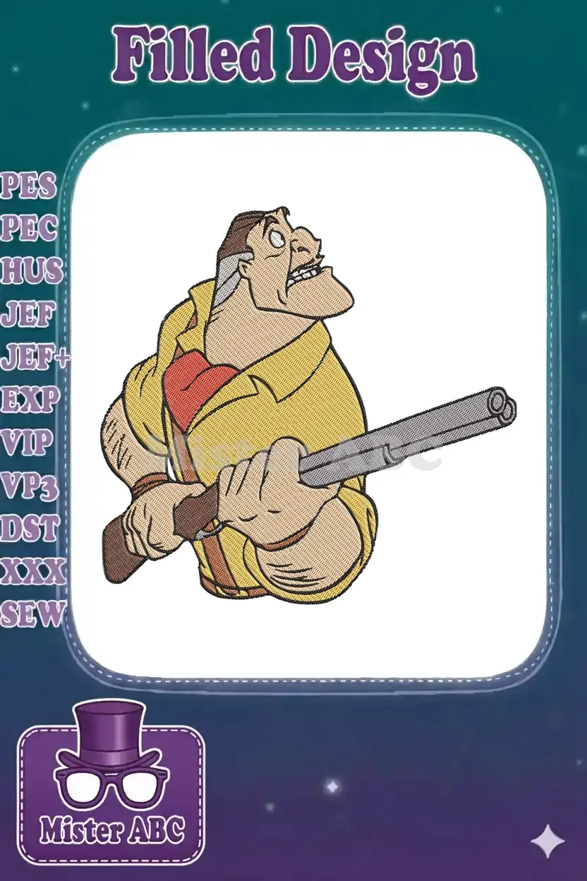 A detailed embroidery design of Clayton from Tarzan, a grimacing hunter in a yellow jacket holding a shotgun.