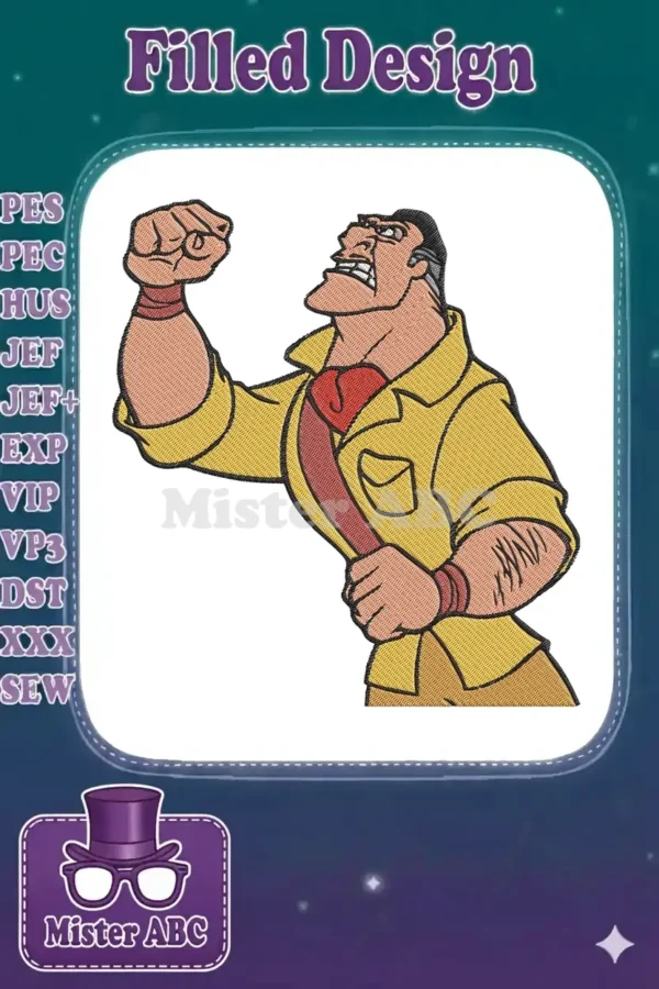An embroidery design of Gaston from Beauty and the Beast, flexing his arm with an angry, determined expression.